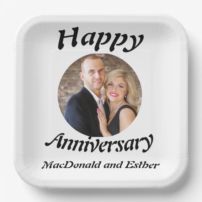 Personalised Modern Happy Anniversary photo  Paper Plate (Front)