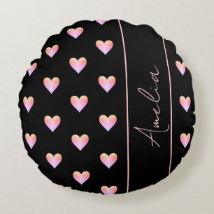 Personalised Modern Hearts Black Pink Round Cushion