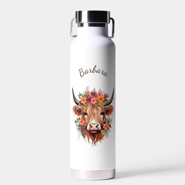Personalised Modern Highland Cow Water Bottle (Front)