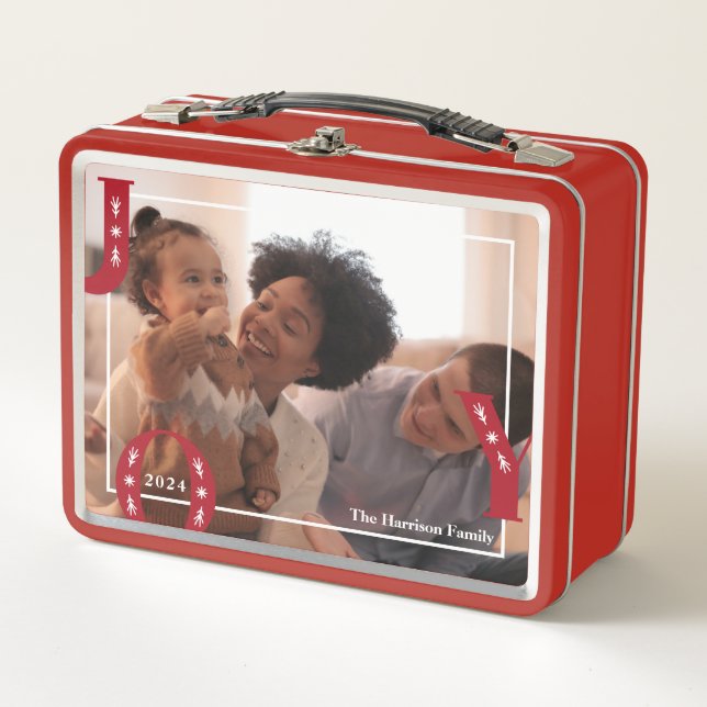 Personalised Modern JOY Holiday Family Photo  Metal Lunch Box (Front)