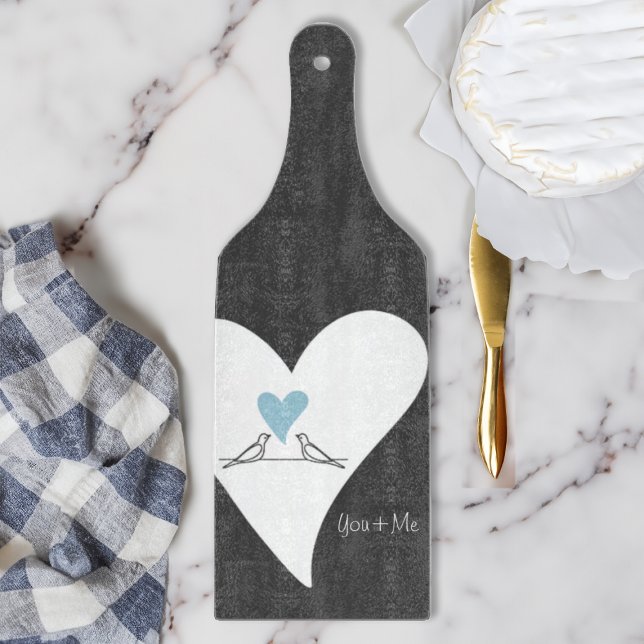 Personalised Modern Love Birds Light Blue Heart Cutting Board (Creator Uploaded)