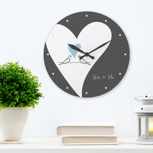 Personalised Modern Love Birds Light Blue Heart Large Clock (Creator Uploaded)