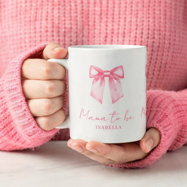 Personalised Modern Mama To Be Pink Bow Mug (An 11-oz mug is shown. Customize it with name and choose mug style and size.)