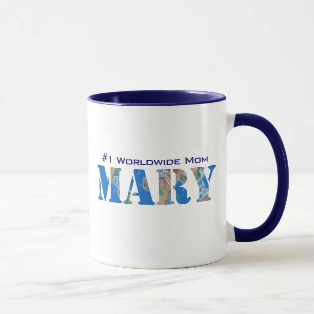Personalised Modern "Mary" Name, World Globe Mug (Right)