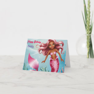 Personalised Modern Mermaid pink floral birthday Card