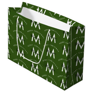 Personalised Modern Merry Christmas Green Monogram Large Gift Bag