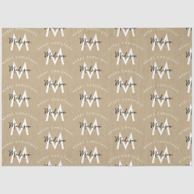 Personalised Modern Merry Christmas Kraft Monogram Tissue Paper (Front)