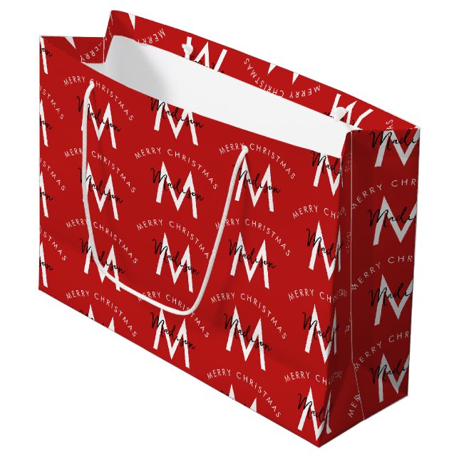 Personalised Modern Merry Christmas Red Monogram Large Gift Bag (Front Angled)