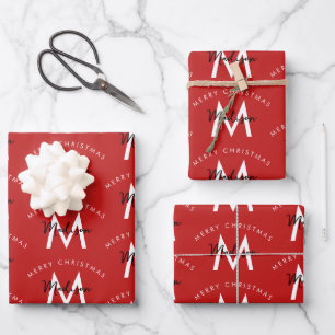 Personalised Modern Merry Christmas Red Monogram Wrapping Paper Sheet