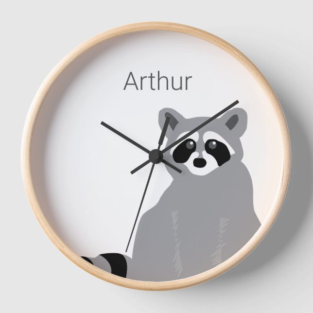 Personalised Modern Minimal Black & White Racoon Clock (Front)
