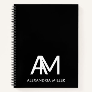 Personalised Modern Monogram Black Spiral Notebook