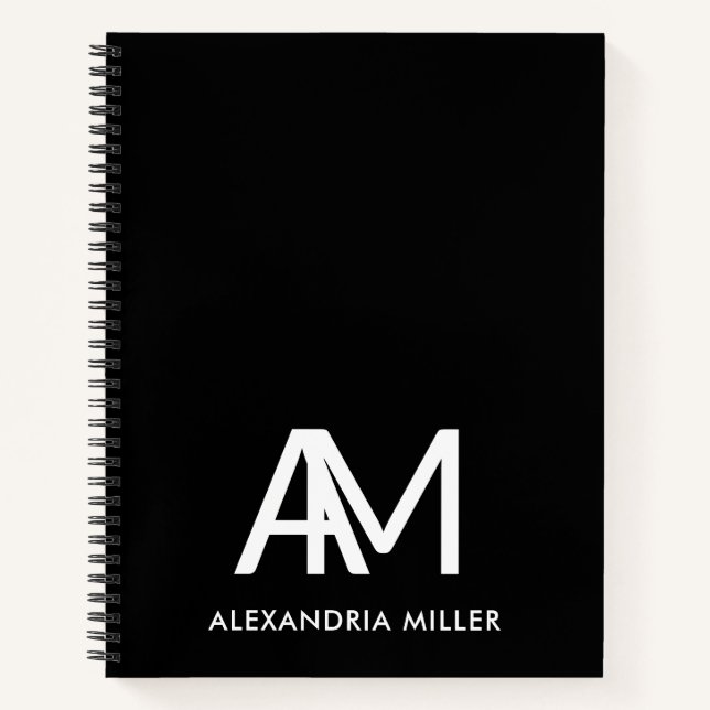 Personalised Modern Monogram Black Spiral Notebook (Front)