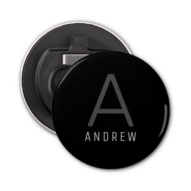Personalised Modern Monogram Grey Black Magnetic Bottle Opener (Front)