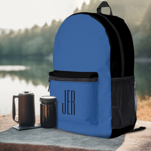 Personalised Modern Monogram Initials Black Blue Printed Backpack (Personalized Modern Monogram Initials Black Blue Printed Backpack)