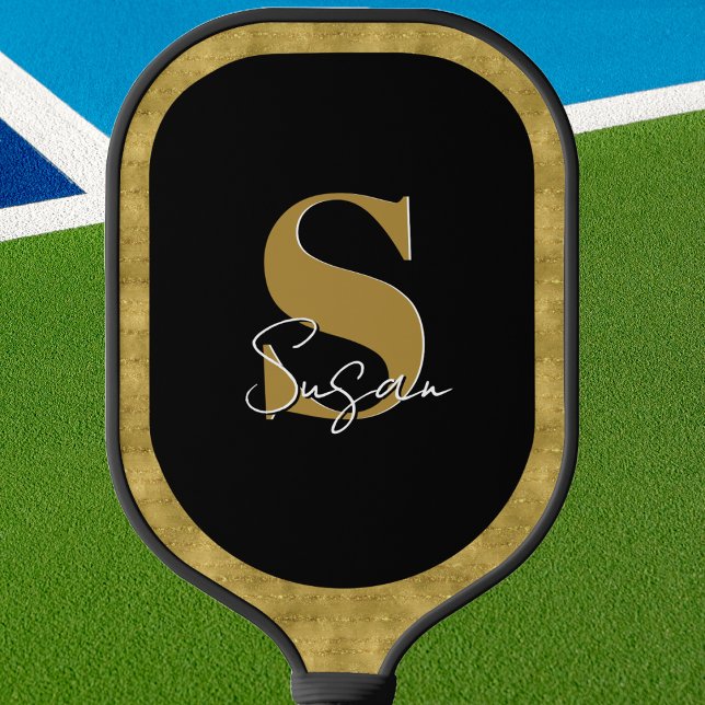Personalised Modern Monogram Script Name  Pickleball Paddle (Pickleball paddle that is elegant and stylish. Gold and black monogrammed design. )