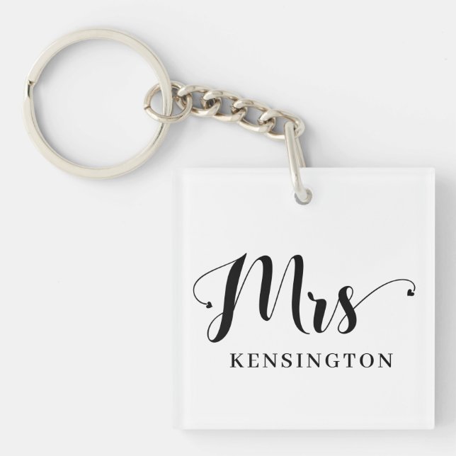 Personalised Modern Mrs Newlywed Typography Photo Key Ring (Front)