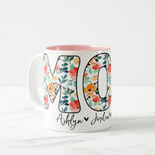 Personalised Modern Mum Floral Kids Names Script Two-Tone Coffee Mug