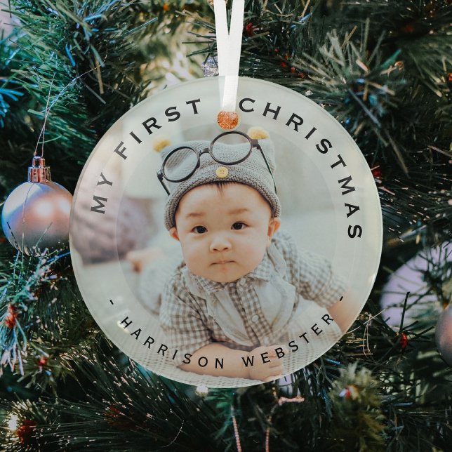 Personalised Modern My First Christmas Photo Glass Tree Decoration (Creator Uploaded)