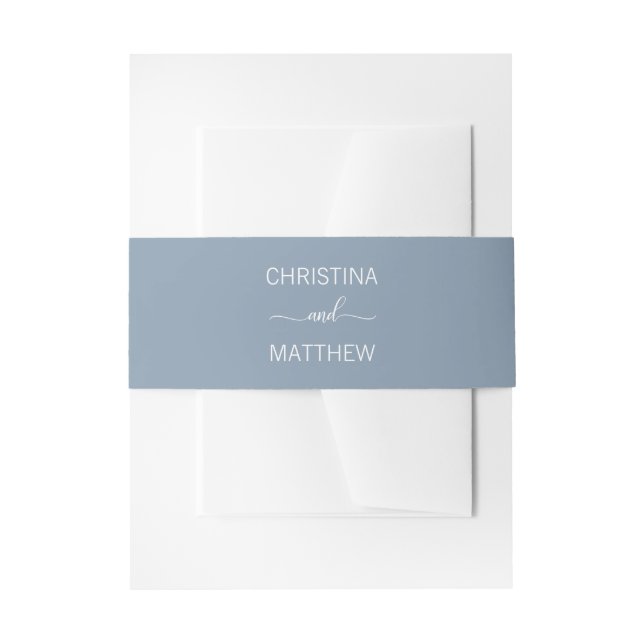 Personalised Modern NAME Dusty Blue White Wedding Invitation Belly Band (Front Example)