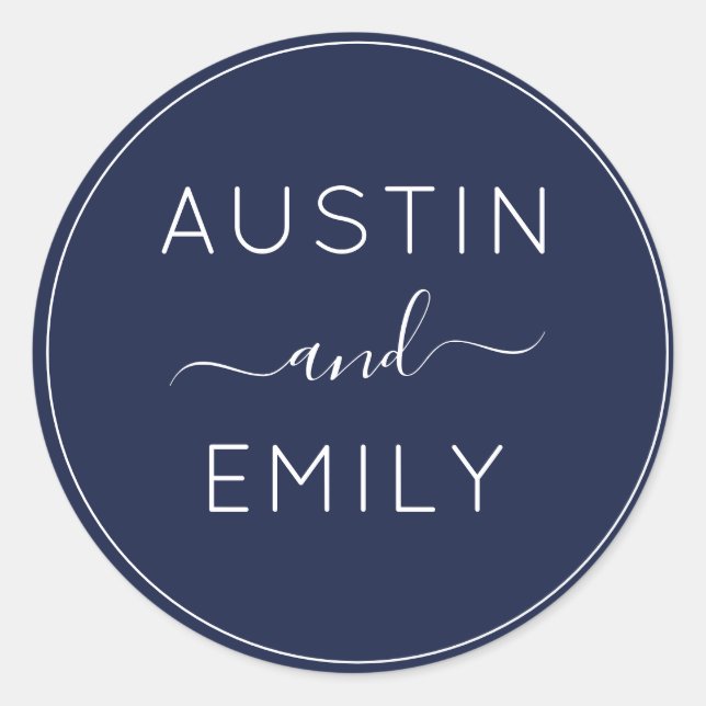 Personalised Modern Navy Blue Wedding Classic Round Sticker (Front)