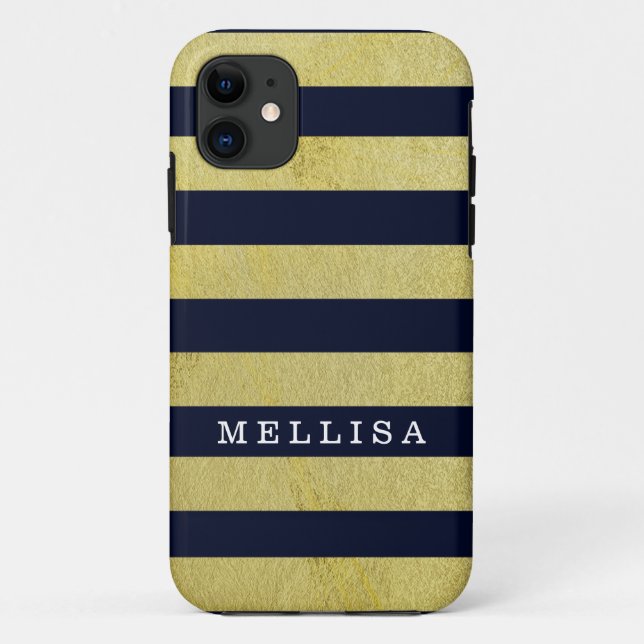 Personalised Modern Navy Gold Stripe Case-Mate iPhone Case (Back)