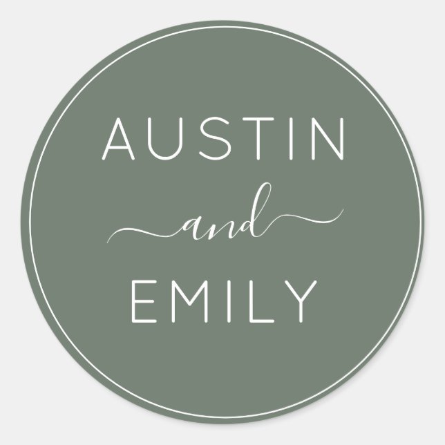 Personalised Modern Olive Green Wedding Classic Round Sticker (Front)