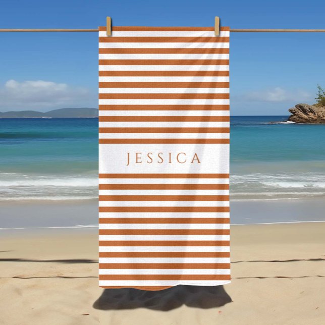 Personalised Modern Orange Striped Pattern  Beach Towel (Personalized Modern Orange Striped Pattern Beach Towel)