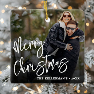 Personalised Modern Overlay Photo Merry Christmas Ceramic Ornament