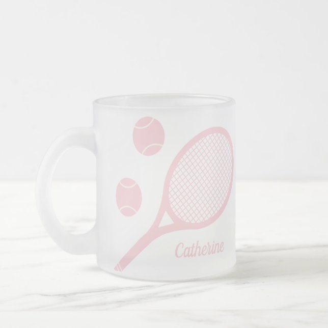 Personalised Modern Pastel Pink Tennis Ball Racket Frosted Glass Coffee Mug (Left)