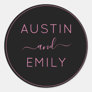 Personalised Modern Pink Black Wedding Classic Round Sticker