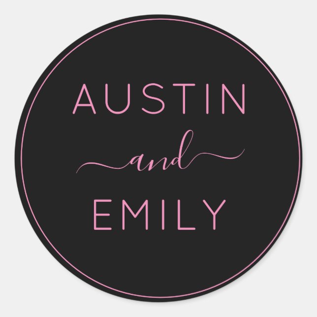 Personalised Modern Pink Black Wedding  Classic Round Sticker (Front)