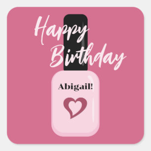 Personalised Modern Pink Nail Polish Birthday Square Sticker