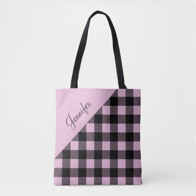 Personalised Modern Pink Plaid Tote Bag (Front)