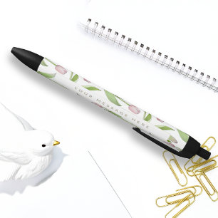 Personalised Modern Pink Tulip Flower Black Ink Pen
