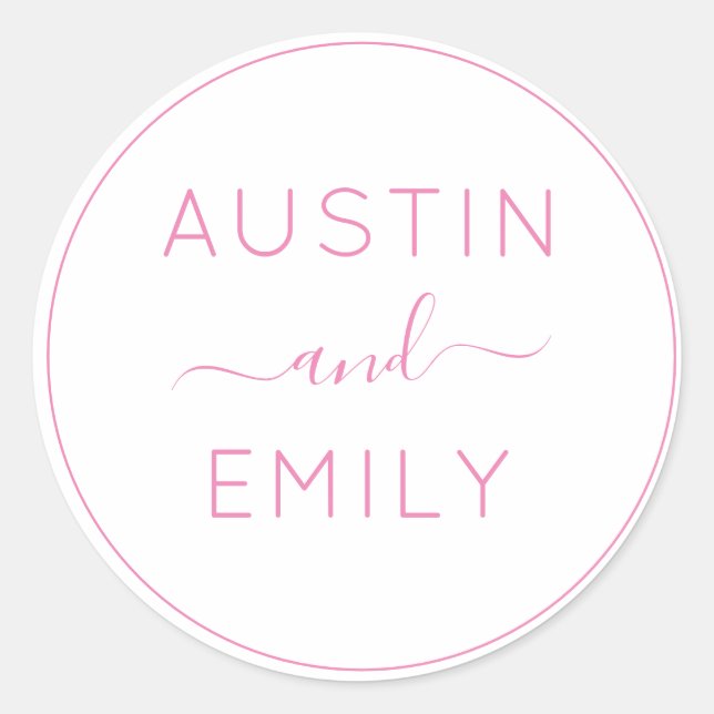 Personalised Modern Pink White Wedding  Classic Round Sticker (Front)