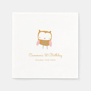 Personalised Modern Pink Yellow Owl 1st Birthday Napkin