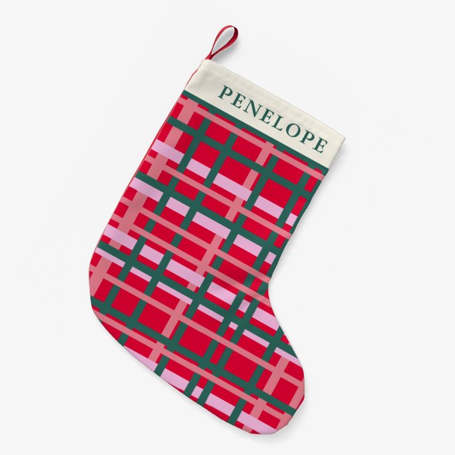 Personalised Modern Plaid Christmas Bold Red Green Small Christmas Stocking (Front (Hanging))