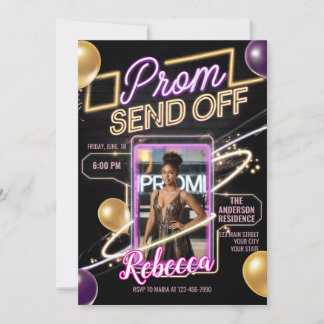 Personalised Modern Prom Send Off Black Pink Neon  Invitation