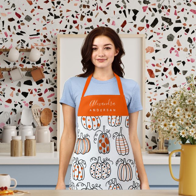 Personalised Modern Pumpkin Pattern  Apron (Orange Pumpkin Pattern Script Name Chef Monogram Apron)