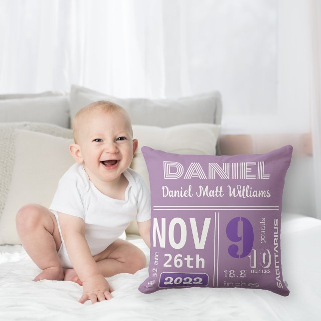 Personalised Modern Purple Birth Announcement Cushion (Creator Uploaded)