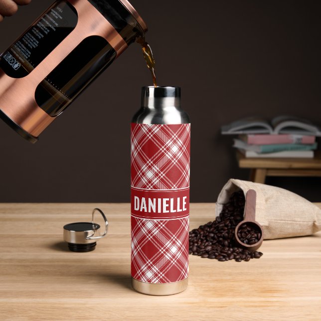 Personalised Modern Red Striped Water Bottle (Coffee)