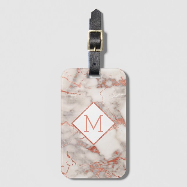 personalised modern rose gold monogram marble luggage tag (Front Vertical)
