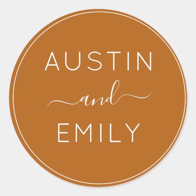 Personalised Modern Rust Orange Wedding Classic Round Sticker (Front)
