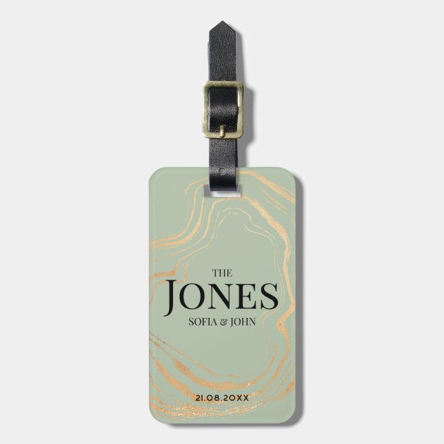 Personalised Modern Sage Green Gold Newlywed Luggage Tag (Front Vertical)