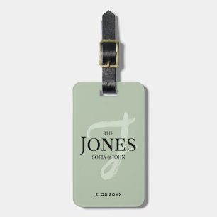 Personalised Modern Sage Green Monogram Newlywed Luggage Tag