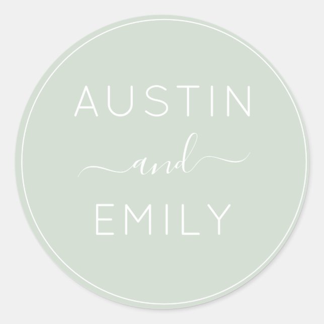Personalised Modern Sage Green Wedding Classic Round Sticker (Front)