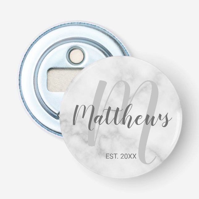 Personalised Modern Script Monogram & Family Name Bottle Opener (Front)
