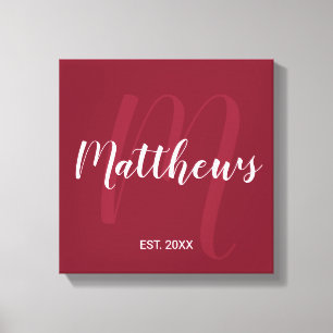 Personalised Modern Script Monogram & Family Name Canvas Print
