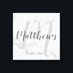 Personalised Modern Script Monogram & Family Name Canvas Print<br><div class="desc">Personalised Monogram and Family Name Gift featuring family name in grey modern script font style and monogram in light grey modern script font style as background with established year in grey sans serif font style on white marble background. Perfect as gift for newlyweds, holiday gift for family, family reunion favours...</div>