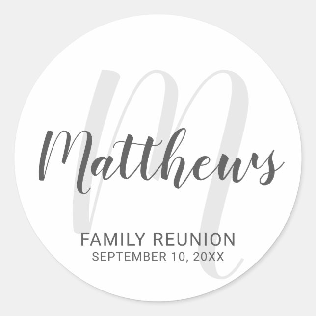 Personalised Modern Script Monogram & Family Name Classic Round Sticker (Front)